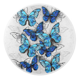 Bouton De Porte En Céramique Composition des papillons blancs et bleus