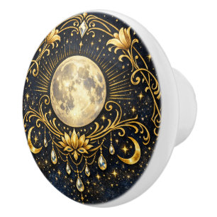 Bouton De Porte En Céramique Conception artistique de lotus céleste lune dorée