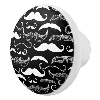 Bouton De Porte En Céramique Conception blanche drôle de moustache sur le noir