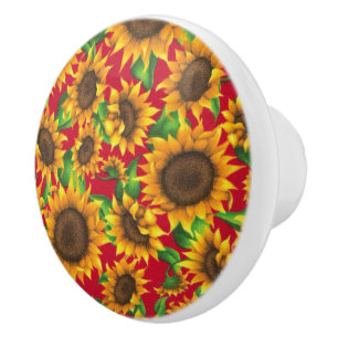 Bouton De Porte En Céramique Conception de tissus de tournesols de campagne