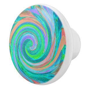 Bouton De Porte En Céramique Cool Retro Aquamarine et Coral Liquid Art Swirl
