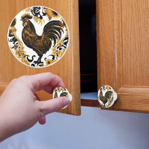 Bouton De Porte En Céramique Coq de ferme en or et noir