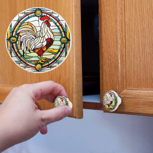Bouton De Porte En Céramique Coq Faux Verre Coloré