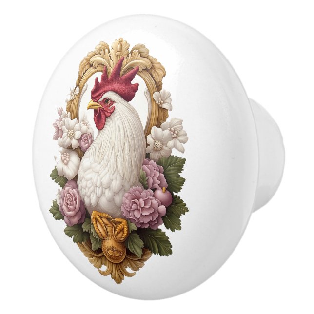 Bouton De Porte En Céramique Coq & Fleurs Heraldique Crest (Droite)