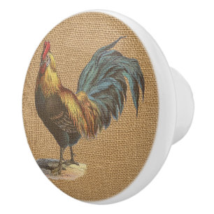 Bouton De Porte En Céramique Coq Rouge Bleu Jaune Sur Toile De Jute Simili Burl