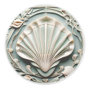 Bouton De Porte En Céramique Coquillage blanc Art Nouveau Faux Relief Mint