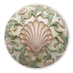 Bouton De Porte En Céramique Coquillage Faux Relief Coquille de Mer Crème Or & 
