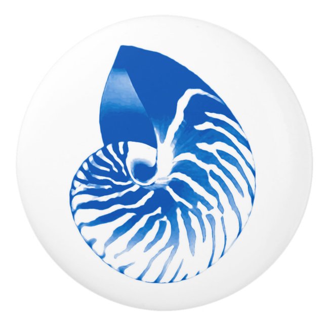 Bouton De Porte En Céramique Coquille de Nautilus - bleu cobalt et blanc (Devant)