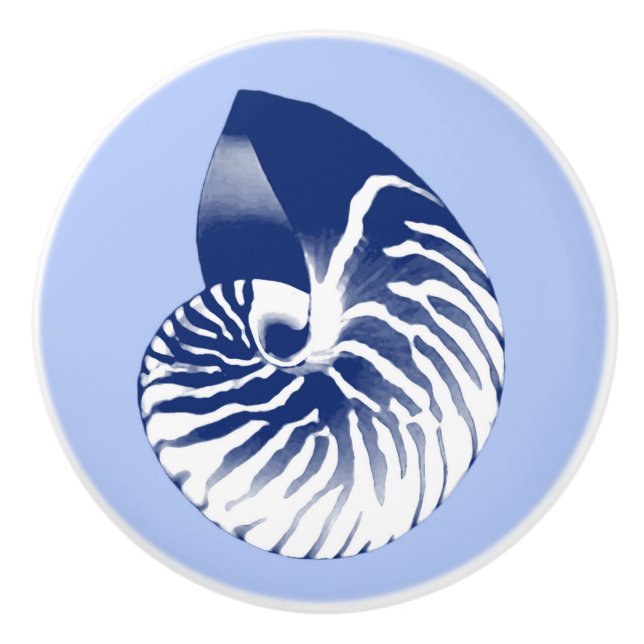 Bouton De Porte En Céramique Coquille de Nautilus - marine, blanc et bleu-clair (Devant)