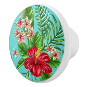 Bouton De Porte En Céramique Corail Tropical Hibiscus Fleur Sur Turquoise