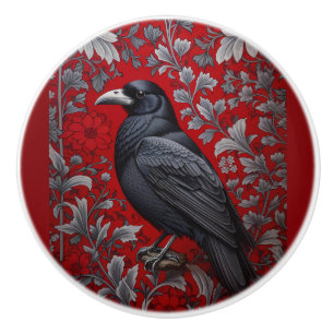 Bouton De Porte En Céramique Corbeau noir floral rouge inspiré de William Morri