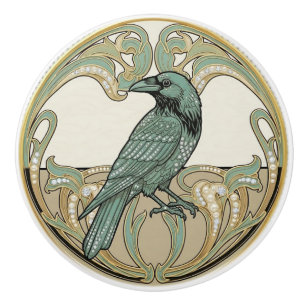 Bouton De Porte En Céramique Corbeau oiseau sage vert et or Art Déco Nouveau
