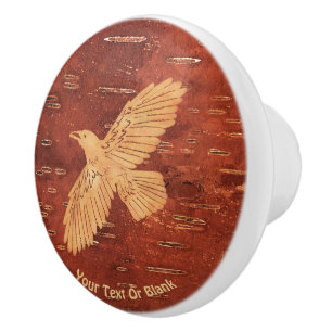 Bouton De Porte En Céramique Corbeau rustique sur écorce de Birch Intérieur
