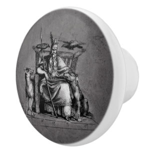 Bouton De Porte En Céramique Corbeaux d'Odin sur Trône de Pierre Mythologie Vik