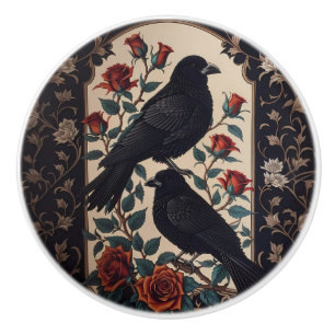 Bouton De Porte En Céramique Corbeaux gothiques élégants avec roses