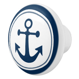 Bouton De Porte En Céramique Corde d'ancre nautique bleu marine et blanc