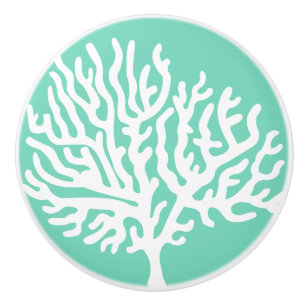 Bouton De Porte En Céramique Côté Blanc Mer Corail et Verre Vert