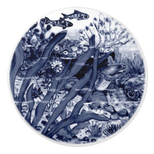 Bouton De Porte En Céramique Côte Bleu foncé Mer Vie Anneau Coques Corail Océan