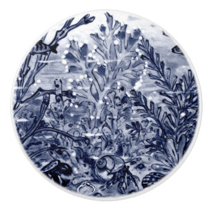 Bouton De Porte En Céramique Côte Bleu foncé Mer Vie Crabe Coques Corail Océan