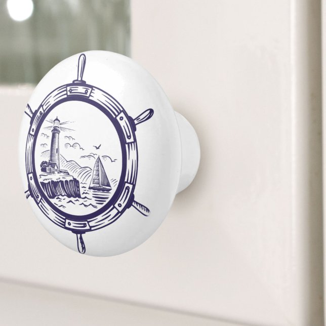 Bouton De Porte En Céramique Côte Blue Beach Lighthouse Navire Roue Nautique (Coastal Blue Beach Lighthouse Ship Wheel Nautical Ceramic Knob)