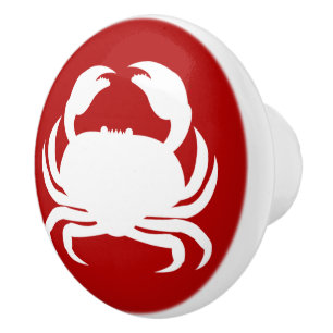 Bouton De Porte En Céramique Cottage nautique côtier crabe rouge et blanc