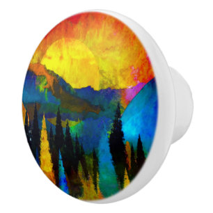 Bouton De Porte En Céramique Coucher de soleil sur la montagne 