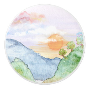 Bouton De Porte En Céramique Coucher de soleil sur les montagnes et les arbres