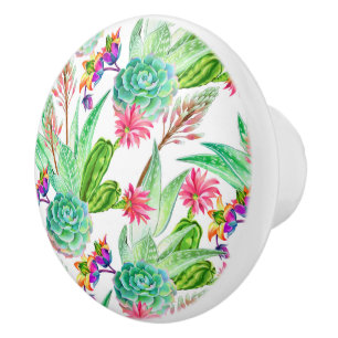 Bouton De Porte En Céramique Couleur d'eau vive Cactus et Motif succulent