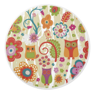 Bouton De Porte En Céramique Couleur florale et hibou