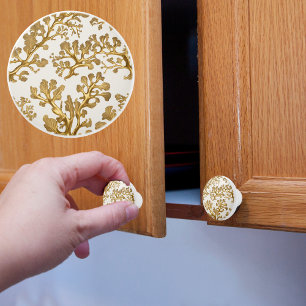 Bouton De Porte En Céramique Couleur sable clair avec algue dorée