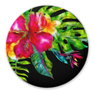 Bouton De Porte En Céramique Couleur Vif Floral Tropical Hibiscus & Feuilles