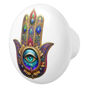 Bouton De Porte En Céramique Couleurs de Paon Doré Hamsa Saphir Troisième Œil
