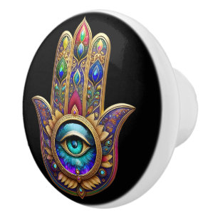 Bouton De Porte En Céramique Couleurs de Paon Doré Hamsa Saphir Vert Troisième 