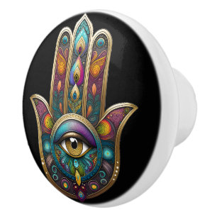 Bouton De Porte En Céramique Couleurs de paon Hamsa avec Troisième Œil en or