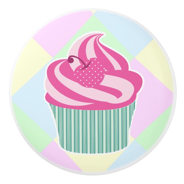 Bouton De Porte En Céramique Couleurs pastel de Cupcake rose mignonne (Devant)