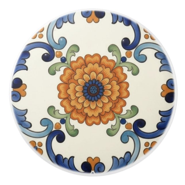 Bouton De Porte En Céramique Country Folk Flower Mediterranean Blue Orange (Devant)