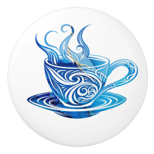 Bouton De Porte En Céramique Coupe Artistique de Café Bleu avec Motifs de tourb