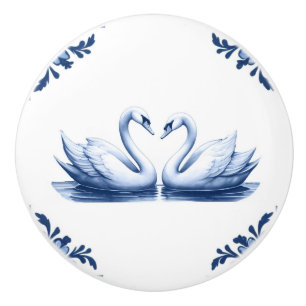 Bouton De Porte En Céramique Couple de cygne Delft Blue et blanc Floral Corners