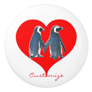 Bouton De Porte En Céramique Couple de pingouin Inséparable Red Heart Thunder_