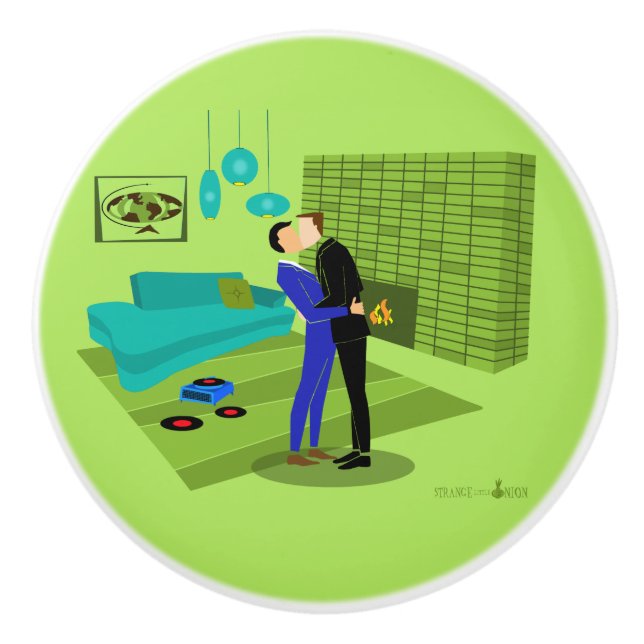 Bouton De Porte En Céramique Couple gay rétro en amour (Devant)