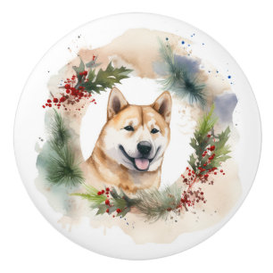 Bouton De Porte En Céramique Couronne de Noël Akita Chien de fête