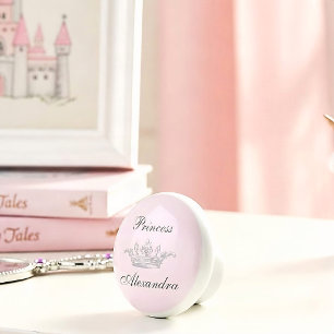 Bouton De Porte En Céramique Couronne de princesse vintage rose et grise nom pe