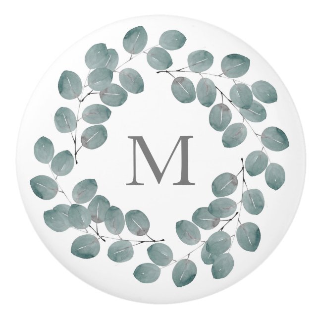 Bouton De Porte En Céramique Couronne d'eucalyptus Dollar d'Argent (Devant)