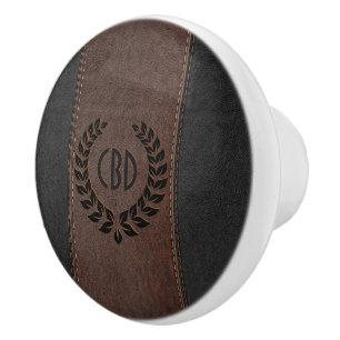 Bouton De Porte En Céramique Couronne noire avec texture en cuir Brown et noir