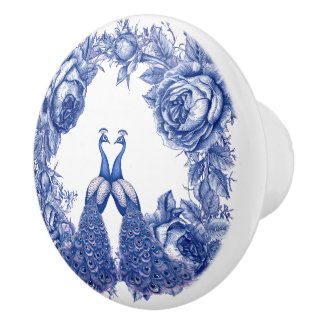 Bouton De Porte En Céramique Couvercle de prise de lumière Rose Paon Deux Blanc