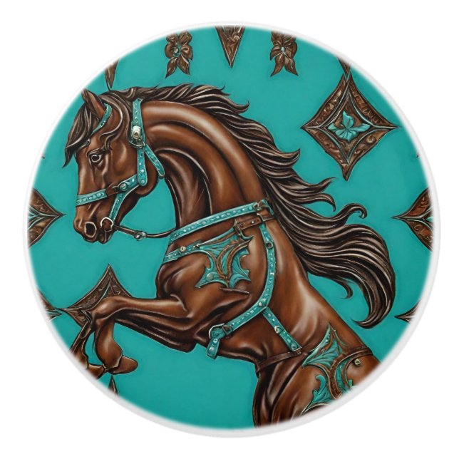 Bouton De Porte En Céramique Cowboy Western Pays Turquoise Brown Horse (Devant)