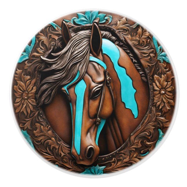 Bouton De Porte En Céramique Cowboy Western Pays Turquoise Brown Horse (Devant)