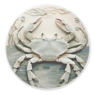 Bouton De Porte En Céramique Crabe Art Nouveau Faux Relief Blanc & Mint Pastel
