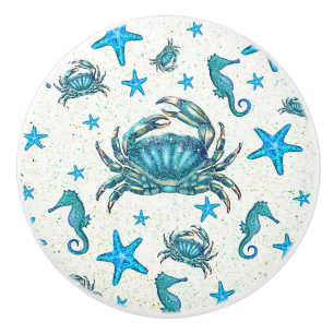 Bouton De Porte En Céramique Crabe Bleu Moderne de Plage Étoile de Mer Hippocam