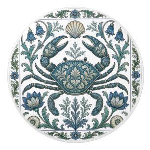 Bouton De Porte En Céramique Crabe Magnifique Vintage Orné Vie Océanique